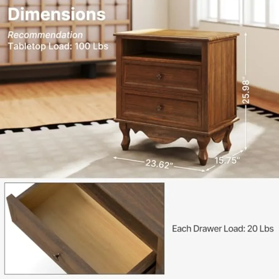 Solid Wood Nightstand, Fully Assembled Night Stand with 2 Drawer and Open Shelf Storage, Bedside Table with Charging Station, M
