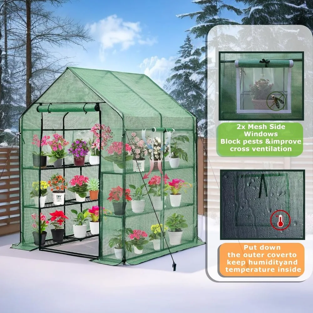 Outdoor Walk-in Greenhouse with Thickened PE Cover, Heavy Duty Steel Frame, Mesh Door, and Screen Windows, 14 Sturdy Shelves