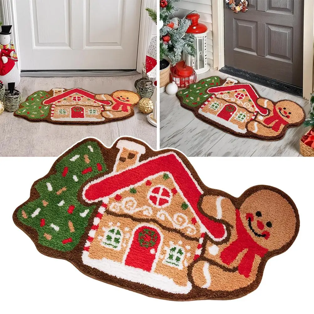 Gingerbread House Kitchen Mat Christmas Porch Gingerbread Plush Welcome Non-slip Floor Mat Farmhouse Rug Gingerbread Holida M1H7