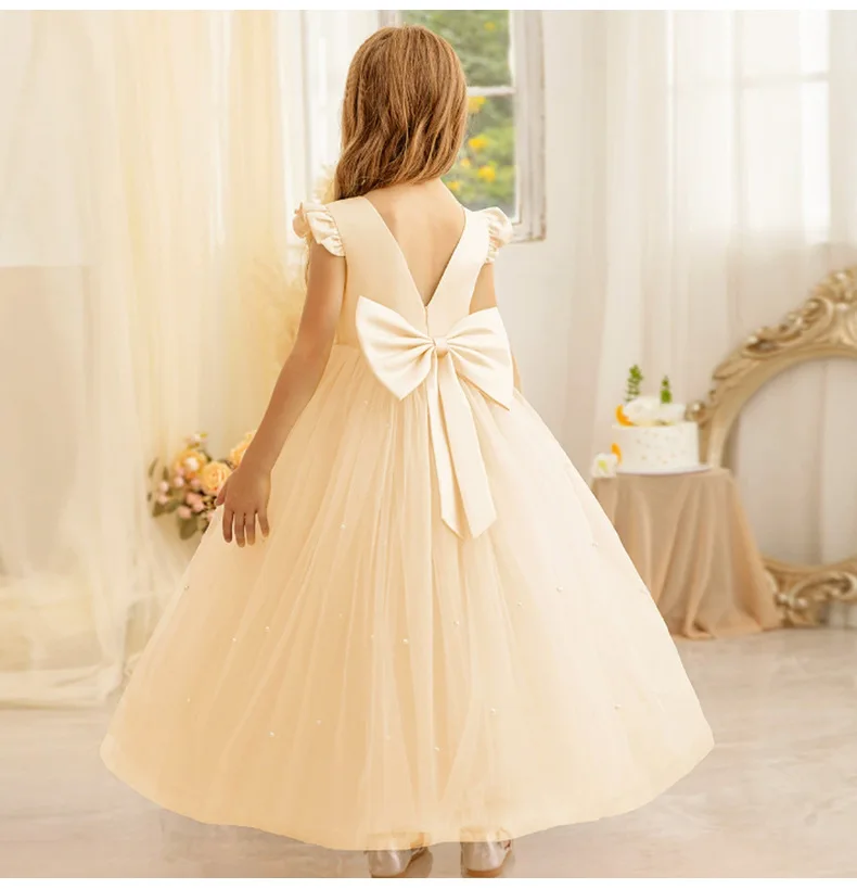Summer Girl Flower Birthday Tulle Dress Backless Bow Wedding Gown Piano Kids Party Wear Princess Dress Baby Girl Bowknot Dresses