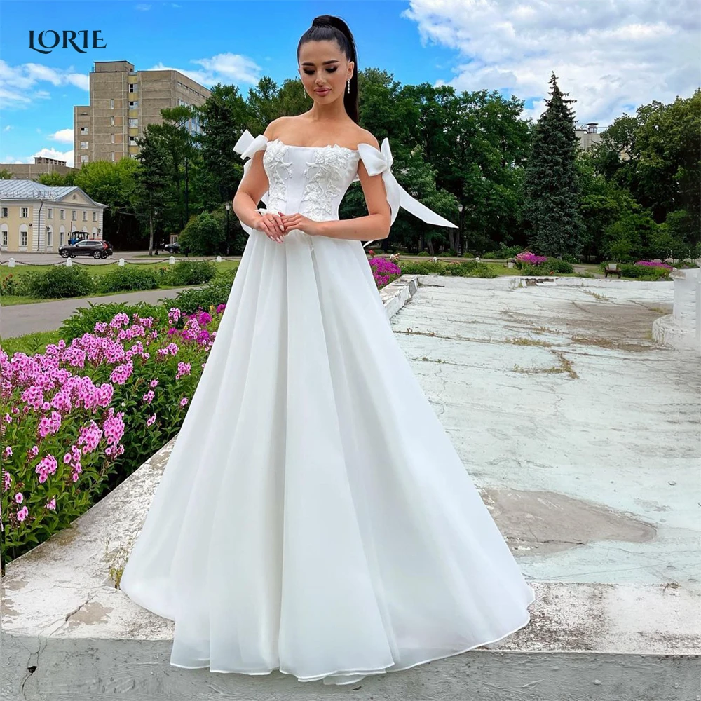 

LORIE Bow Straps Wedding Dresses Off Shoulder A-Line Lace Bohemia Bridal Gowns Solid Appliques Princess Marriage Bride Dress