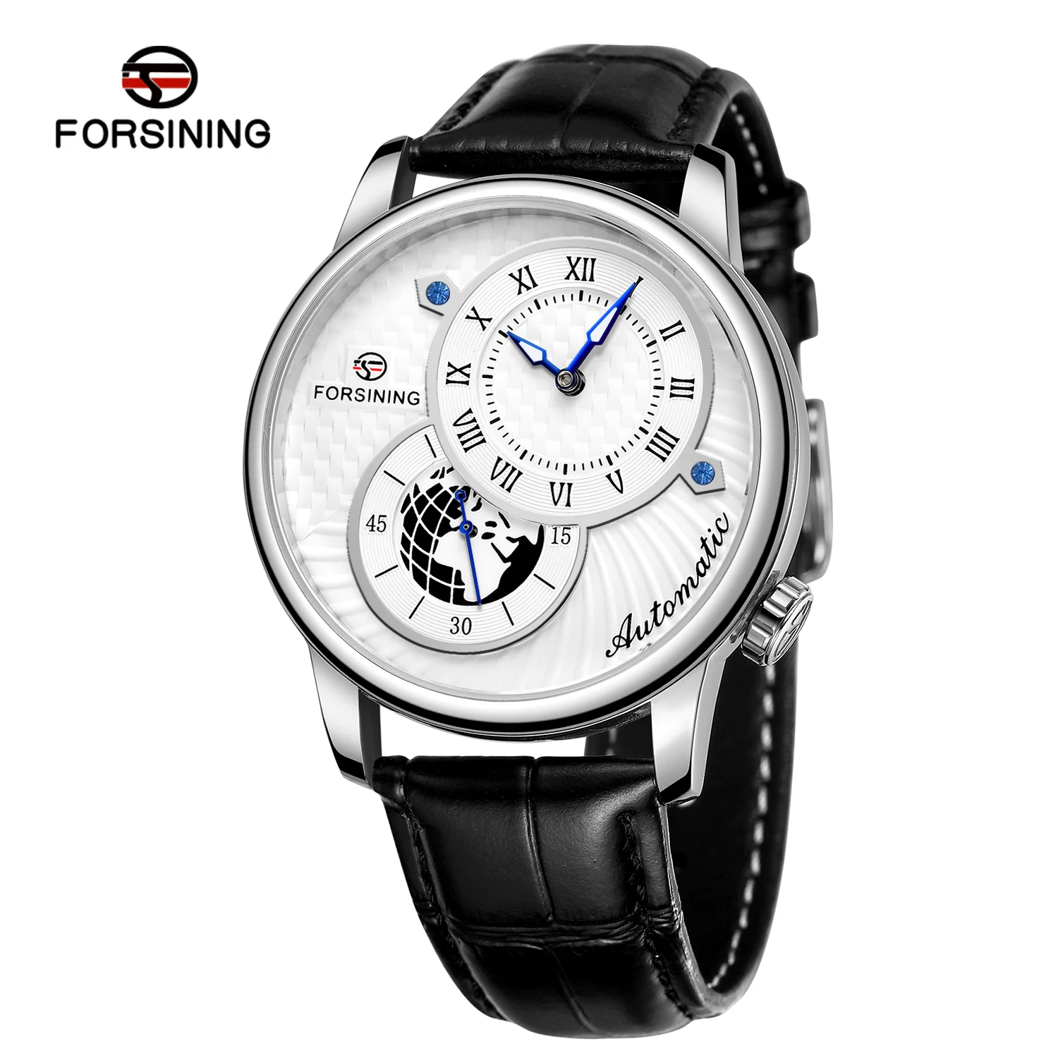 

Мужские автоматические механические часы Forsining с двумя циферблатами, водонепроницаемые, с дизайном в виде изображения Земли, кожаный ремешок, Relogio Clocks
