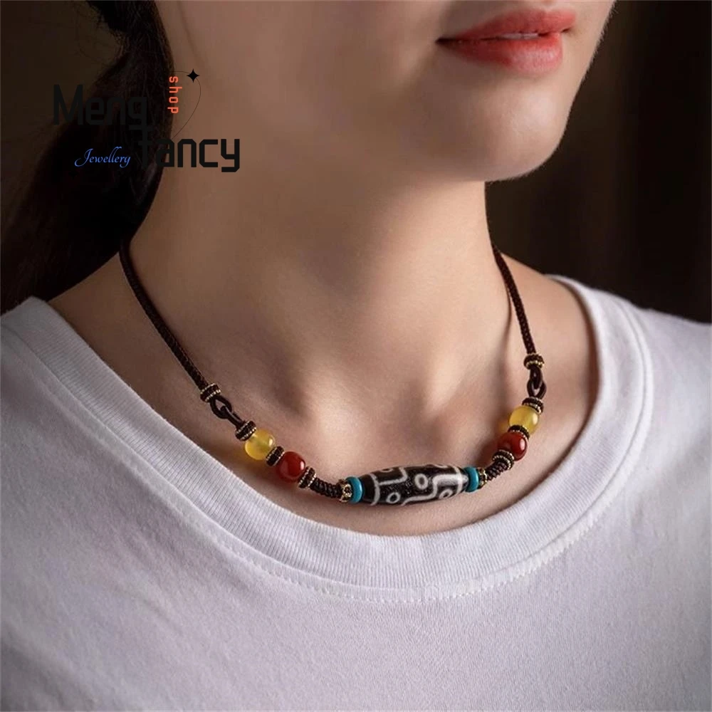 Natural Collarbone Chain Handmade Necklace Nine Eyes Dzi Bead Lanyard Ethnic Style Pendant Simple Exquisite Fashion Fine Jewelry