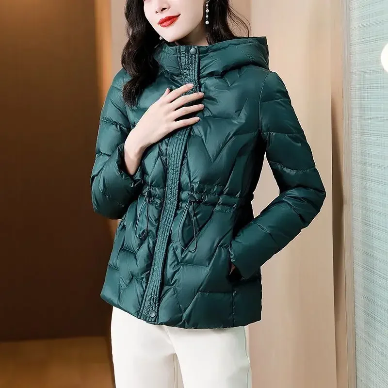 Hoodie Women\'s Jacket Quilted Padded Duck Down Female Coats Dark Green Thick Padding Zip-up Cheap Clothes Winter Promotion Korea