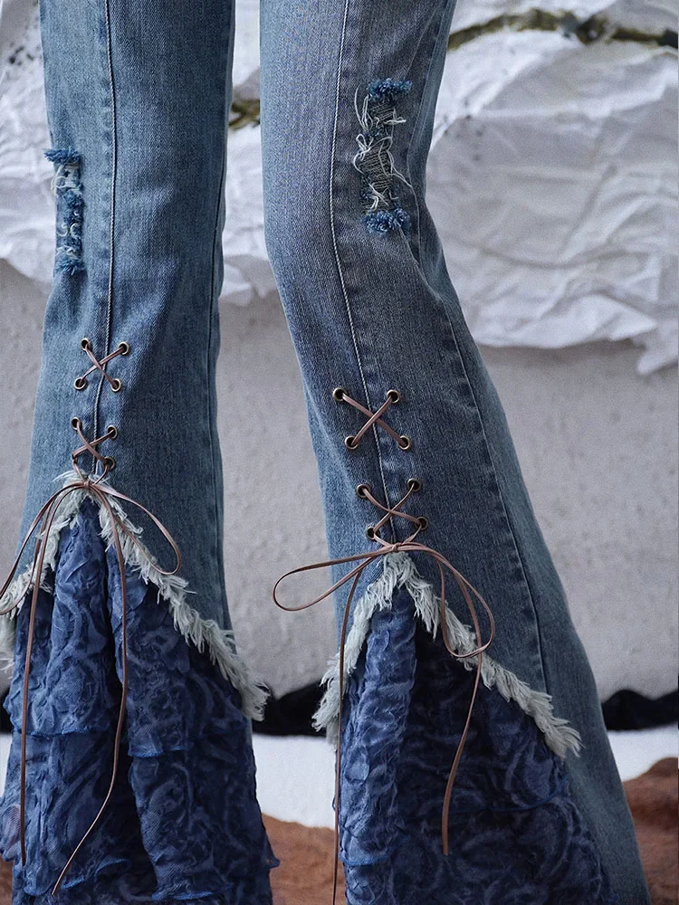 New Spring Autumn Streetwear Harajuku Punk Gothic Hot Girl Blue Bandage Stitching Denim Pants Fashion High Waist Slim Pant