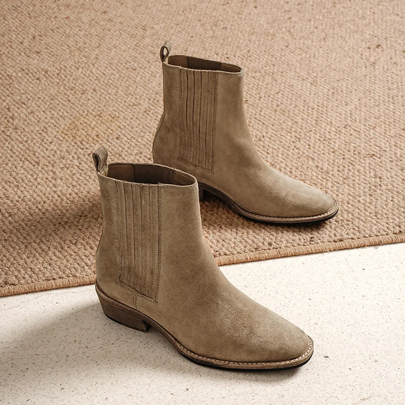 BEAUTODAY Chelsea Boots Women Suede Leather Pointed Toe Elastic Band Ankle Boots Ladies Mid Heel Shoes Handmade 03D62