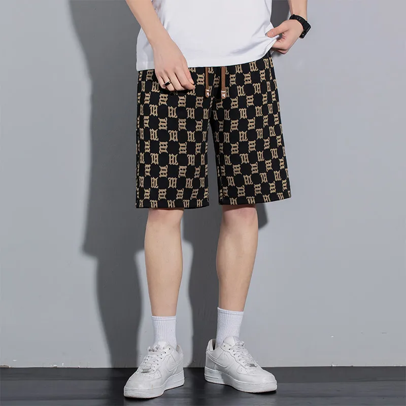 Vintage Letter Printed Plaid Casual Shorts Summer Youthful Vitality Men\'s Clothing Fashion Elastic Drawstring Loose Knee Pants