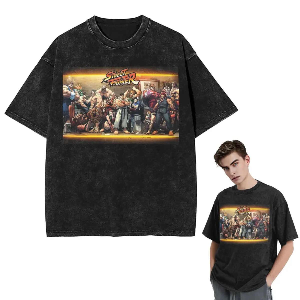 Streetwear T-Shirts Defeated Portraits Super Street Fighter Washed T Shirt Short Sleeve Hip Hop T-Shirt Tops Tees for Men Women