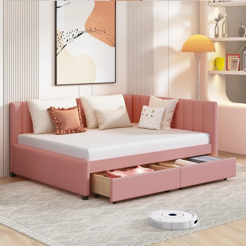 

Full Size Daybed with Drawers, Upholstered Full Daybed, Linen Fabric Sofa Bed Frame, No Box Spring Needed, Pink