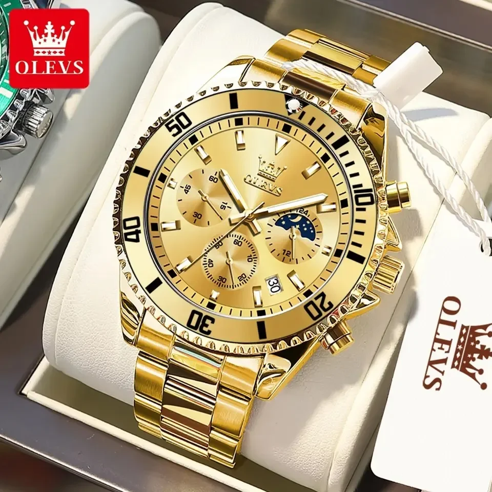 OLEVS-relojes de lujo para hombre, de acero inoxidable, resistentes al agua, luminosos, con esfera grande, reloj de pulsera de cuarzo con fase lunar, relojes para hombre,reloj hombre