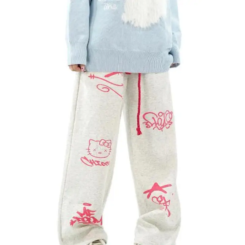 Sanrio девушка Hello Kitty прямые брюки хлопок каваи студенческая мода широкие брюки с героями мультфильмов осень зима повседневный отдых новый стиль