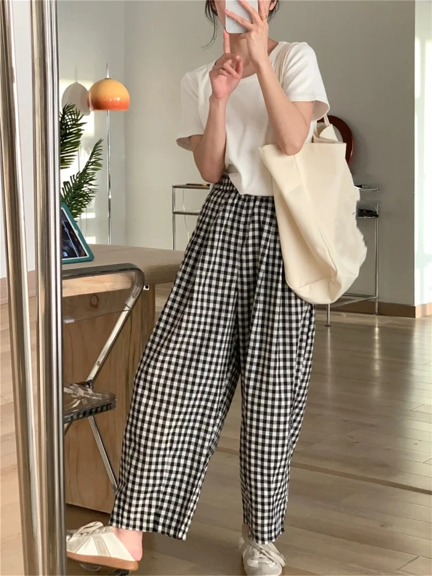 

High Waist Plaid Casual Pants Women's Spring New Style plus Size Loose Slim Wide Leg Nine Points Cloudlike Pants