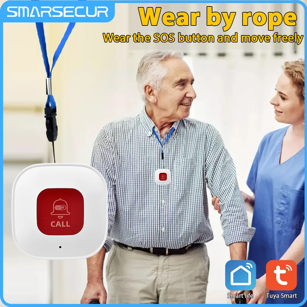 SMARSECUR Tuya WiFi Smart SOS Call Button Wireless  Phone Alert Transmitter Emergency Call Button for Kids Elderly Patient