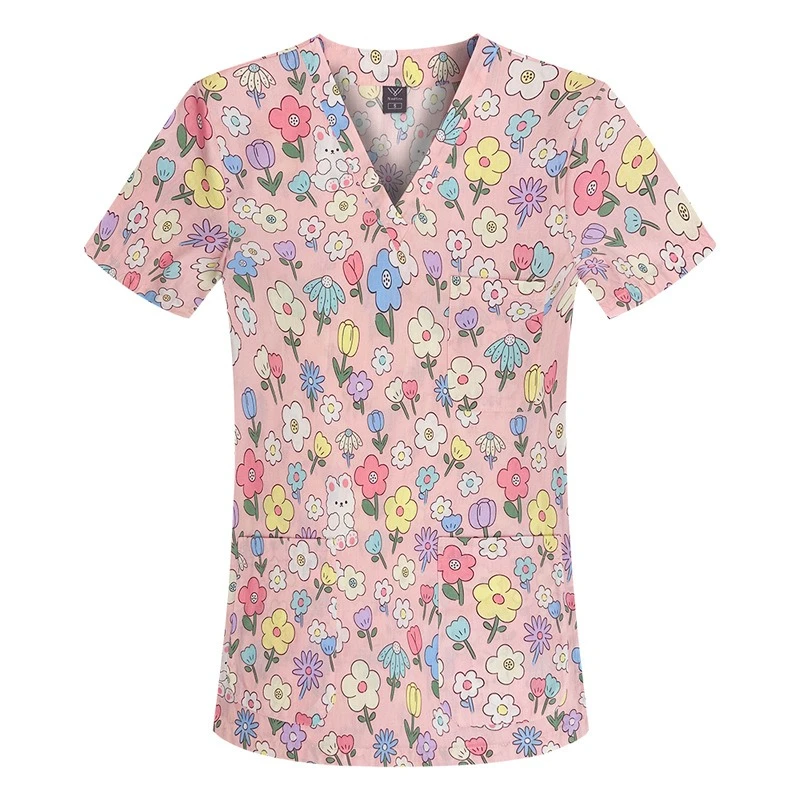 멀티 만화 인쇄 의사와 간호사 여성 v 넥 반팔 티셔츠 탑 바지 수술복 작업복 정장