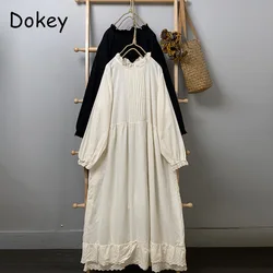 Women's Japanese Mori White Cotton Linen Midi Dress Casual O Neck Long Sleeve Pullover Dresses, Retro Pleated Loose Robe, Spring