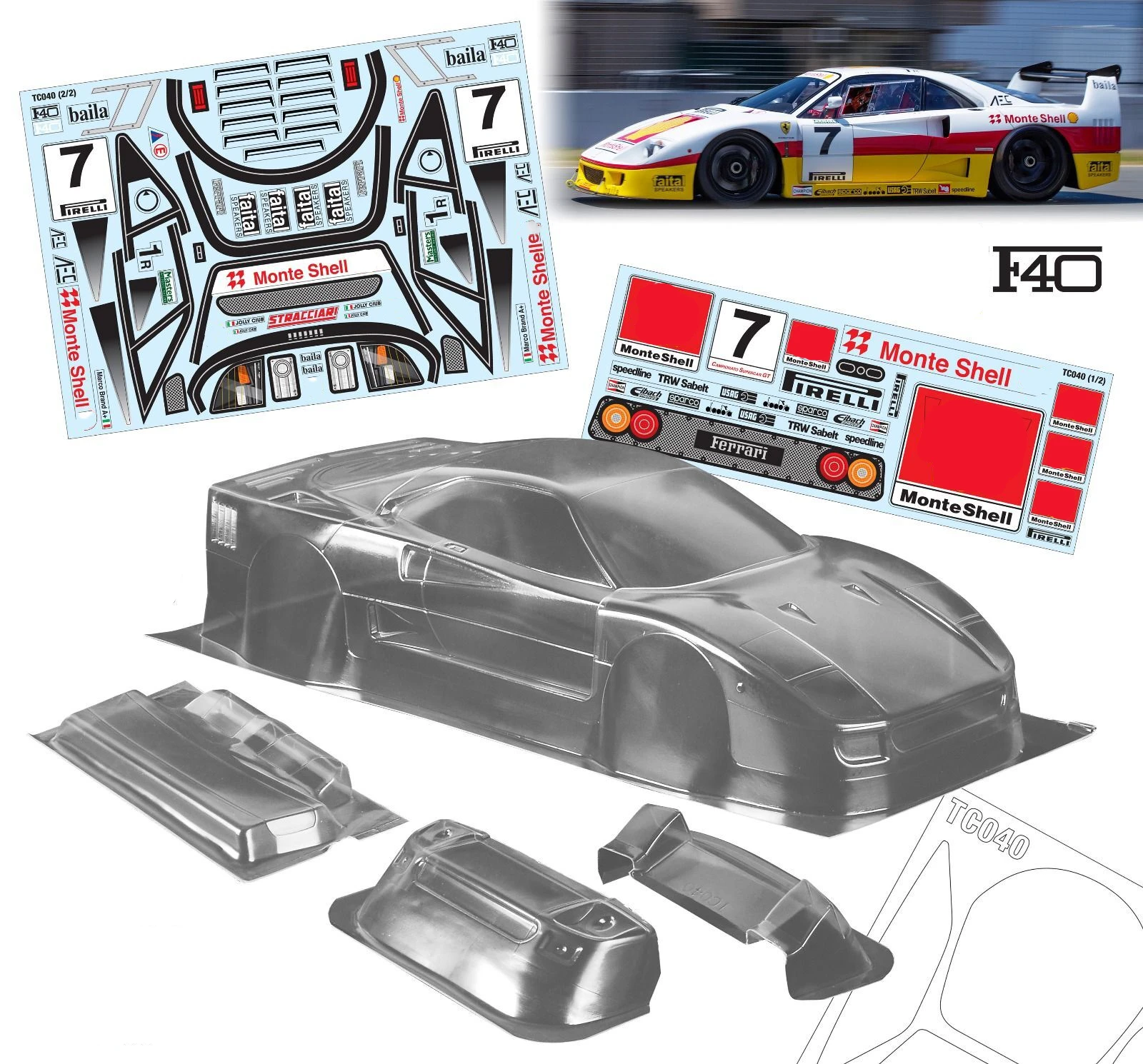 1/10 RC PC shell body F40 Super car no paint clean shell 190mm width 260mm wheelbase 1/10 drift on-road hsp mst d5s