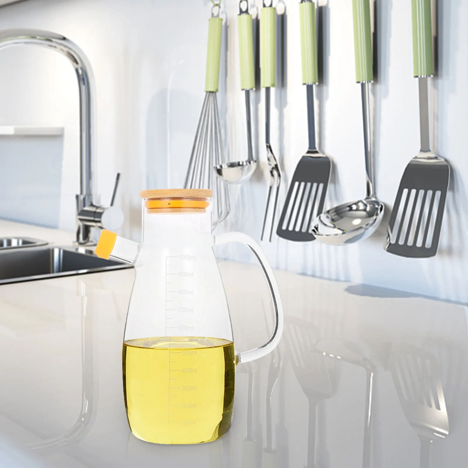 

1pc Dispenser Bottle With Handle Spout Large Capacity Glass Oil Container Kitchen Seasoning Jar For Oil Vinegar Soy Sauce