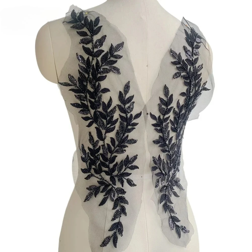 

46 * 12.5CM High-quality Beaded Sequin Leaves Embroidered Lace Big Mirror Flower Applique Patch DIY Wedding Accessories Sewing