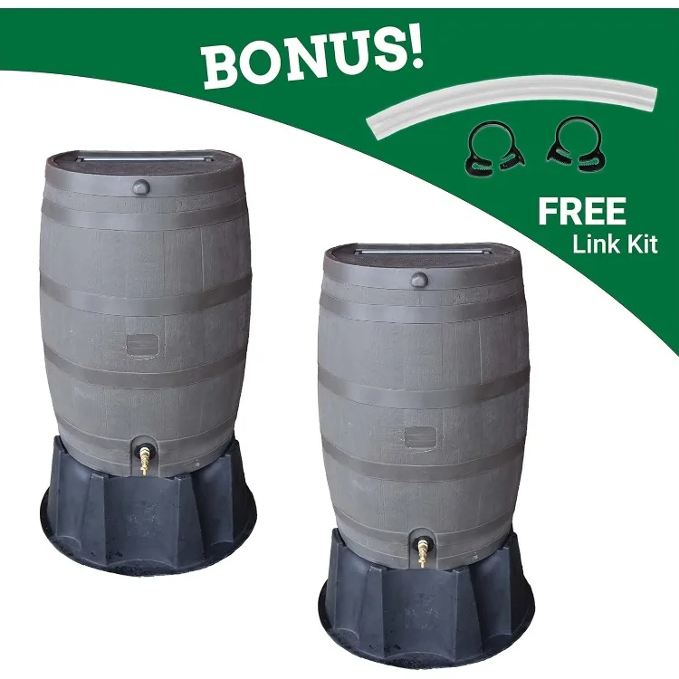 50 Gallon Flat Back Rain Barrel and Stand with Link Kit, Walnut (2 Pack)