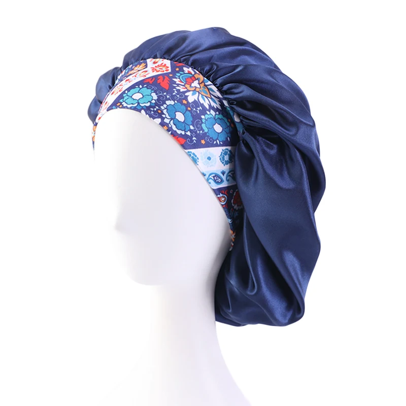 New Big Size Floral Print Bonnet Satin Wide Elastic Band Beanie Night Sleep Caps Head Cover African Headwrap Turban Chemo Caps