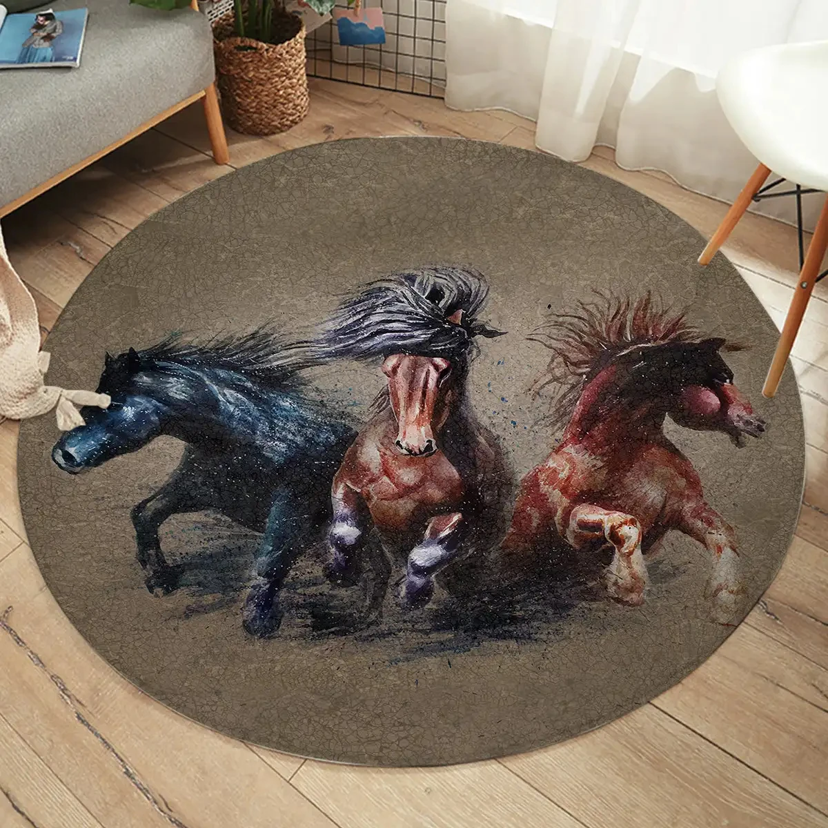 Galloping Horse Round Rug Farmhouse Animal Pattern Circle Carpet Home Armchair Floor Mat Living Room Men Boys Bedroom Decor Mats