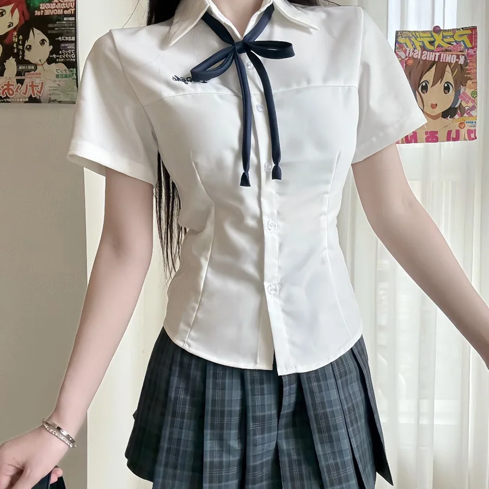 Kemeja Seragam Sekolah JK Serbaguna Warna Putih Susu Gaya Akademi Jepang, Atasan Pelajar Wanita Musim Panas untuk Pakaian Kasual Harian di Kampus.