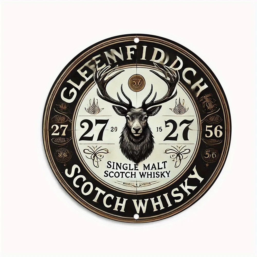 Vintage Glenfiddich Single Malt Scotch Whisky Stag Head Round Tin Sign, Retro Glenfiddich Whisky Deer Logo Metal Wall Art, Rusti
