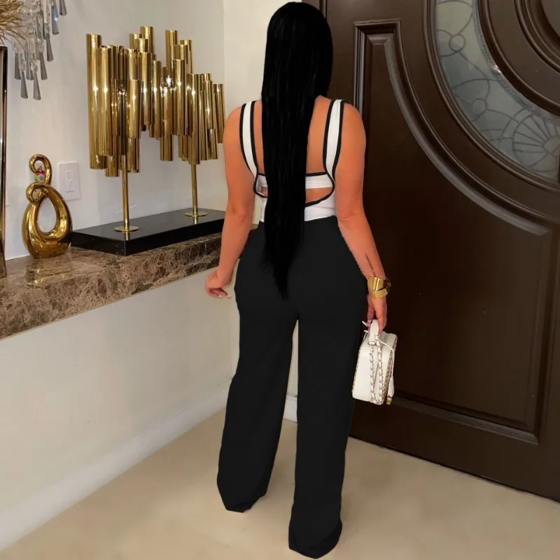 Set Pakaian Wanita 2 Potong untuk Pesta Klub Seksi, Pakaian Y2K, Atasan Crop Tanpa Tali dan Celana Panjang Kulot Berpinggang Tinggi dengan Kancing, Setelan Overall