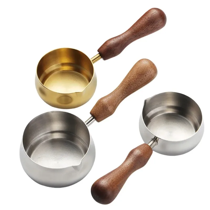 

Sauce Pan 304 Stainless Steel Sauce Pan Butter Warmer Milk Pan with Pour Spout Cooking Sauce Cup with Wooden Handle 60ml/100ml