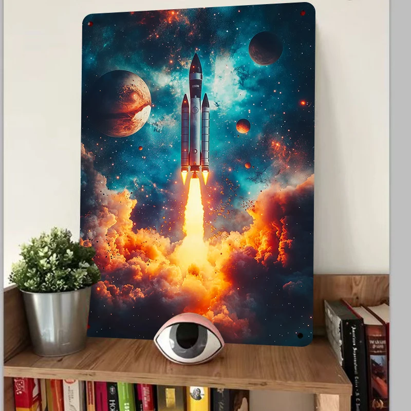 Cosmic Rocket Spaceship Starry Sky Planet Metal Iron Painting Home Decor Living Room Bedroom Wall Art Hanging