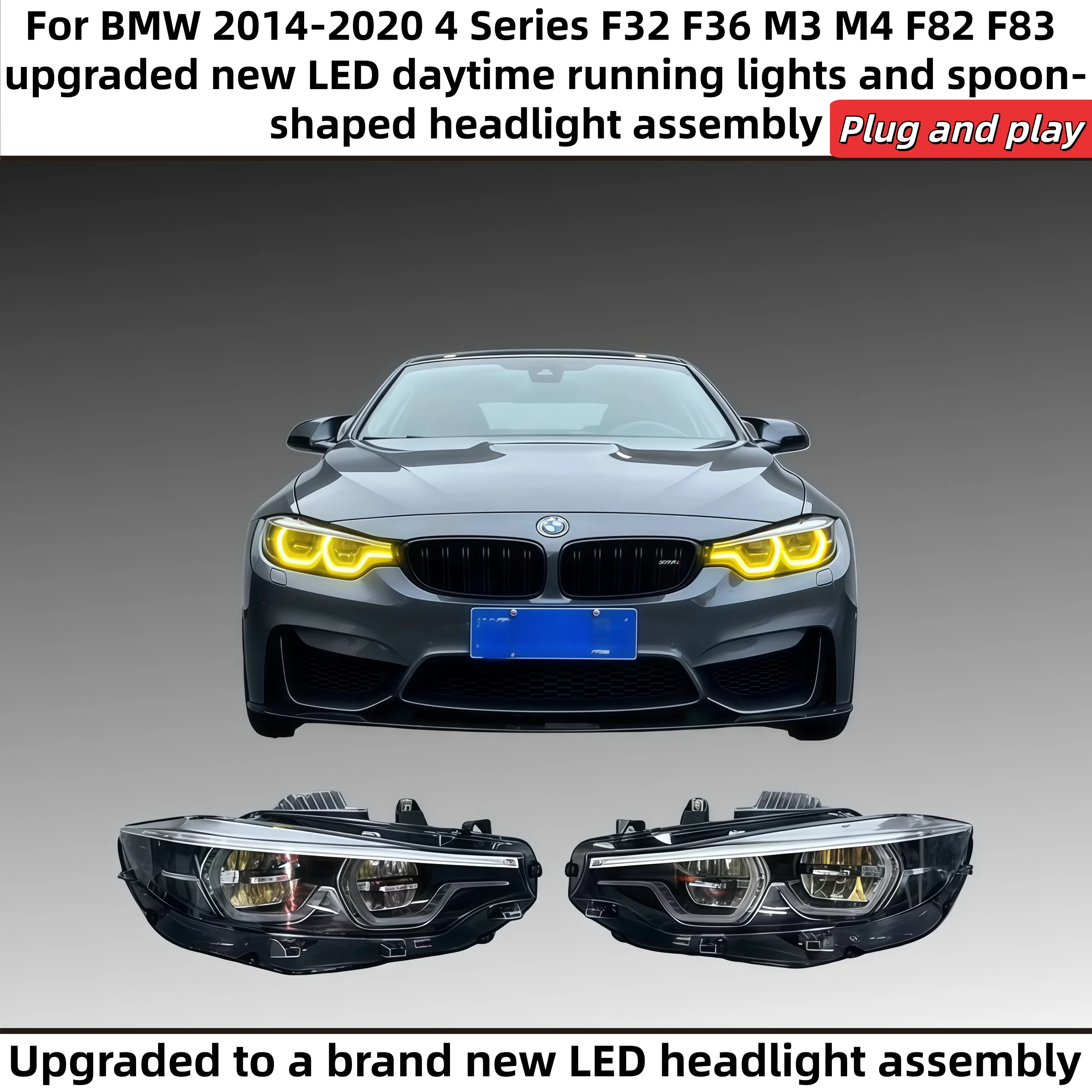 

For BMW 2014-2020 4 Series F32 F36 M3 M4 F82 F83 upgraded LED turn signals and daytime running lights with golden eye design.