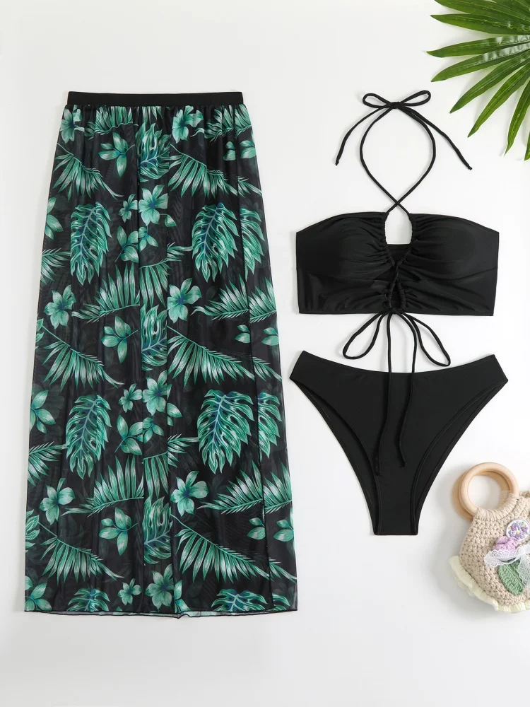 

Bikini Women Swimsuit 2025 New Solid Halter Bikini Set Sexy Thong Swimwear Summer Three Piece Beach Cover Up Bathing Suit Female