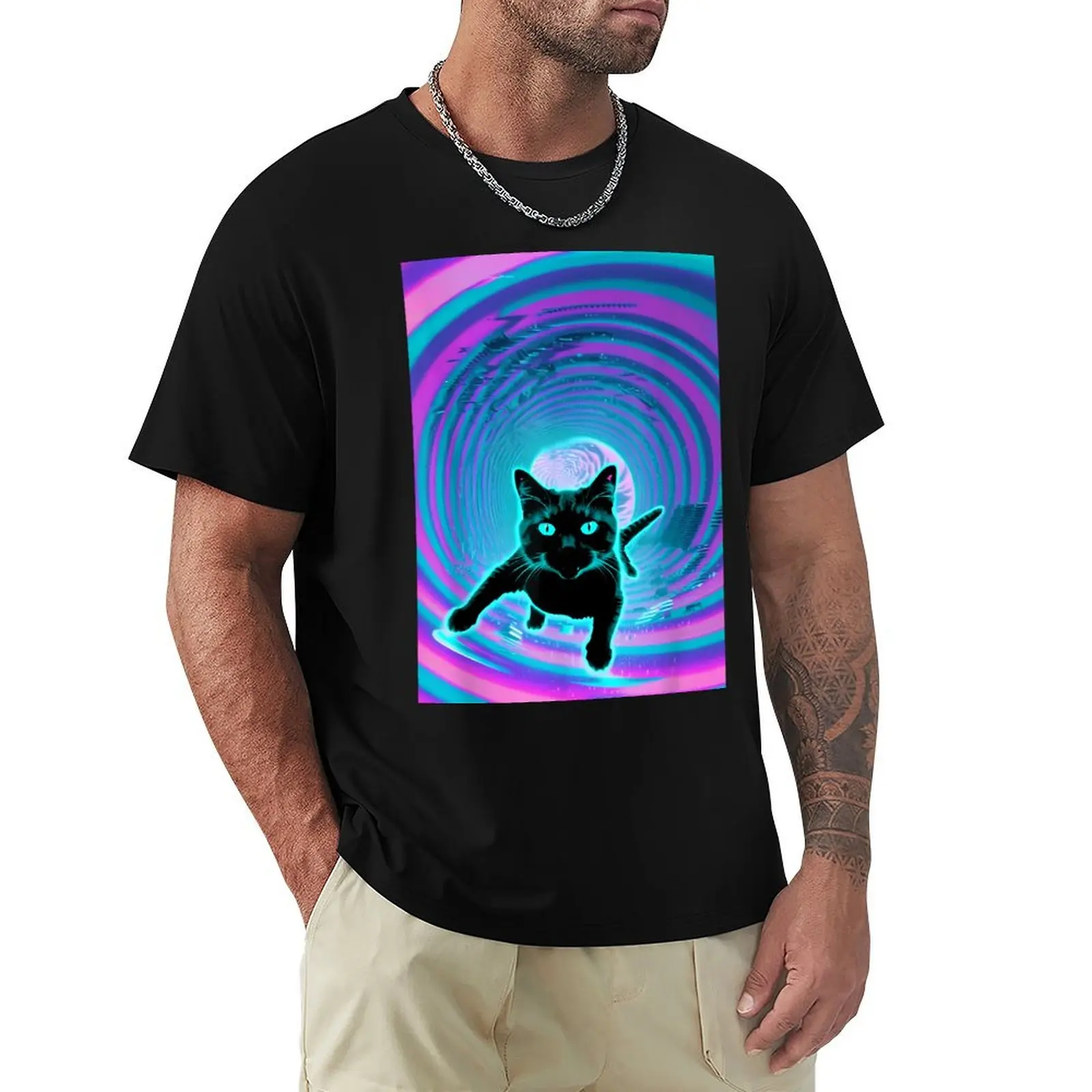 Trippy Glitch Weirdcore Cat Vortex Surfing Vaporwave T-Shirt Work Daily Short Sleeve Top