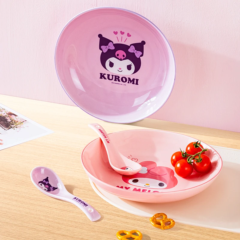 For Sanrio 8inch Ceramic Plates Cartoon Anime Kuromi Round Tableware Cute Dessert Plates Colorful Dinner Plates for Children's