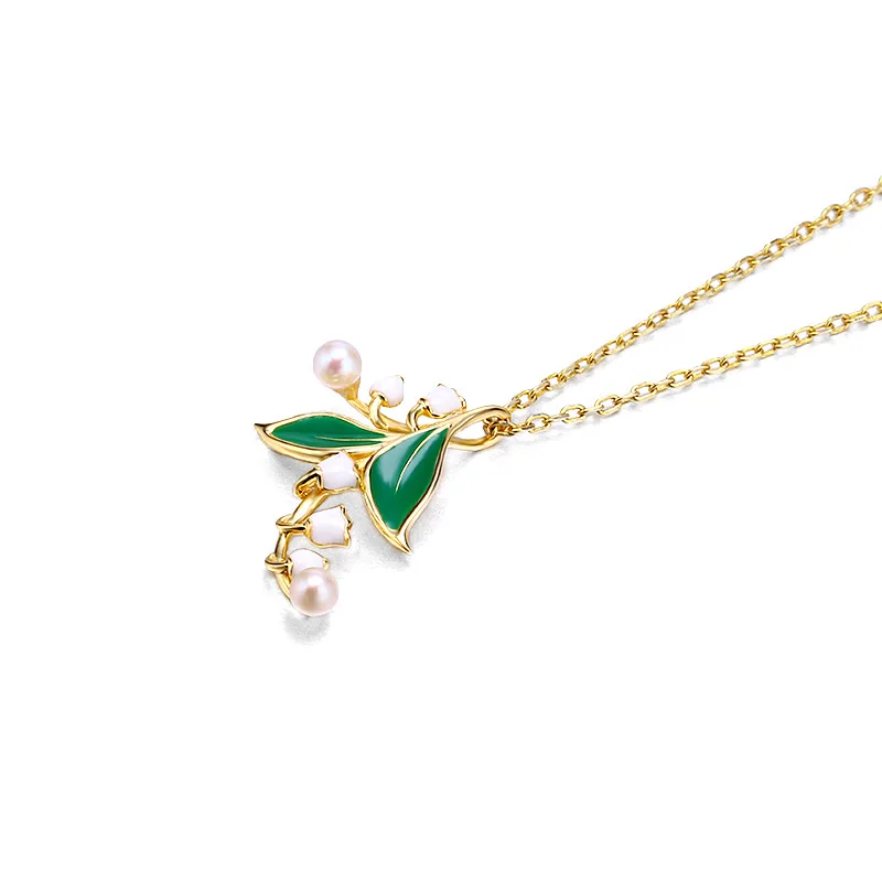 Lily Of The Valley Necklace in 14K Gold-Plated 925 Sterling Silver with Natural Pearl and Enamel Beads