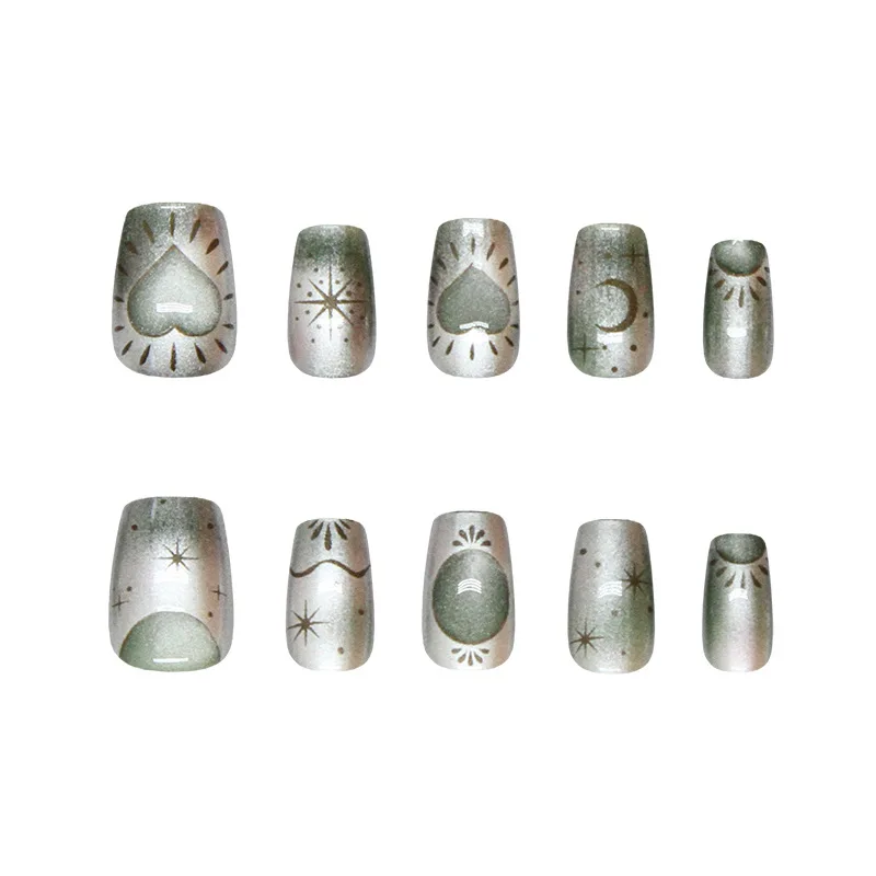 10 Stuks Ster Cat Eye Liefde Kunstnagels Art Met Jelly Lijm Ontwerp Korte Vierkante Franse Nep Nagels Herbruikbare Afgewerkt druk op Tips