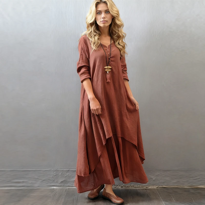 Nowa Letnia Sukienka Damska z Bawełny i Lnu, Długa, Codzienna, z Długim Rękawem, Dekolt w Serek, Luźna, Elegancka, Vintage, Wakacyjna, Plażowa Sukienka Damska