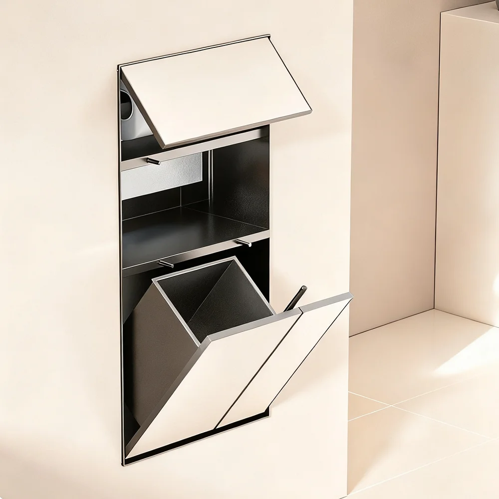 Multi-Functional Tileable Concealed Stainless Steel All-in-one Toilet Paper Toilet Brush Holder Trash Can Wall Recessed Niche