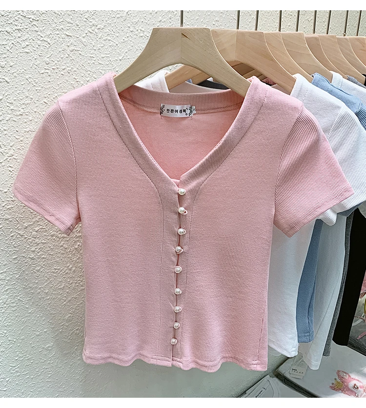 Summer T Shirts Women V-Neck Pearl Buttons Cropped Tshirt Tee Lady Solid Slim Cardigan Crop Top for Female