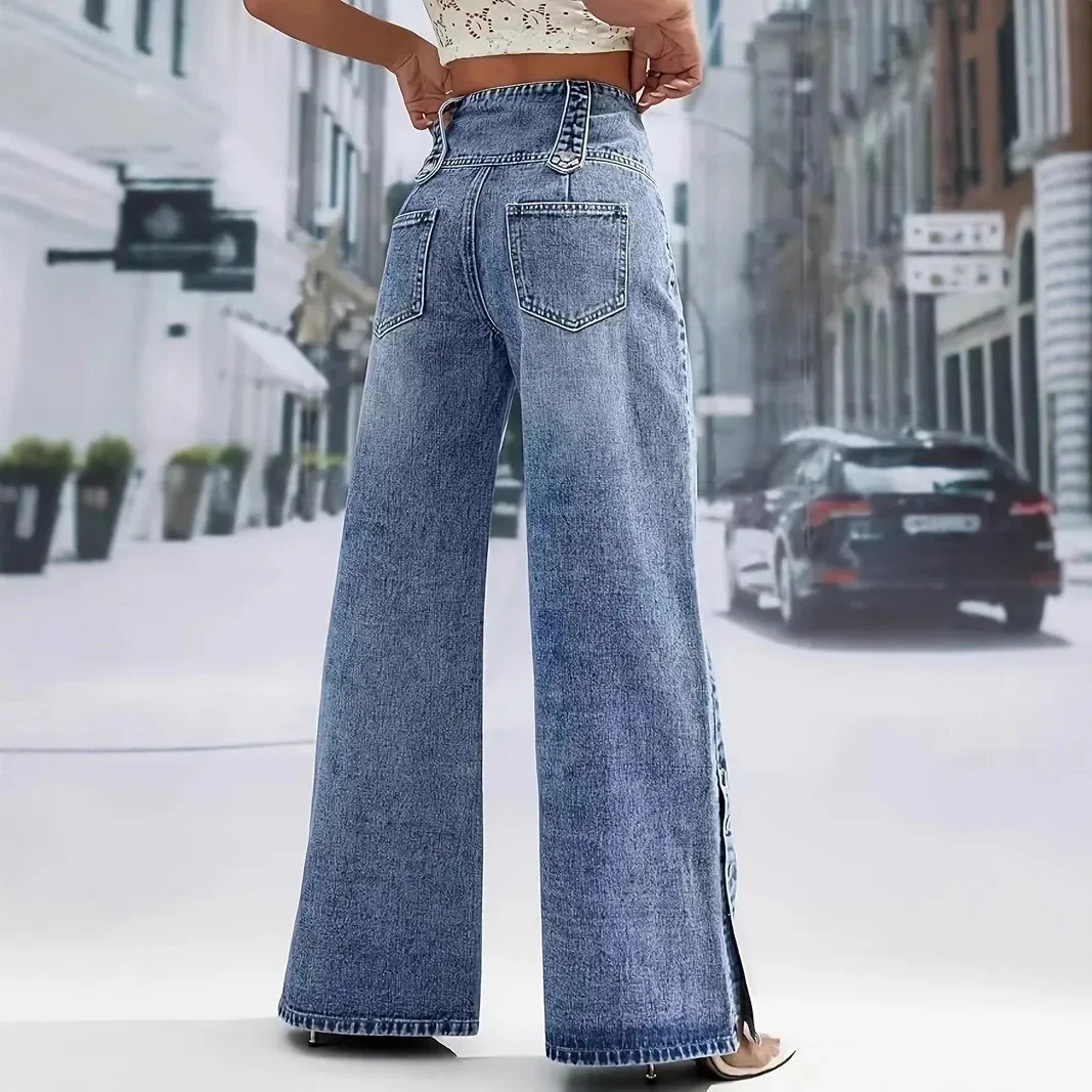 Pantalones vaqueros de pierna ancha con puños y botones de cintura alta para mujer, ropa de calle Vintage de nuevo estilo de otoño, pantalones largos de mezcla de algodón y poliéster