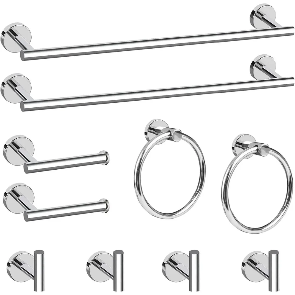 

Набор аксессуаров для ванной комнаты с хромированной отделкой: вешалка для полотенец, держатель для туалетной бумаги, крючок для халата и многое другое