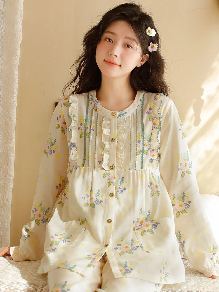 Novos pijamas femininos verão gaze de algodão puro estilo japonês bonito menina floral impressão primavera outono em torno do pescoço manga longa casa wear