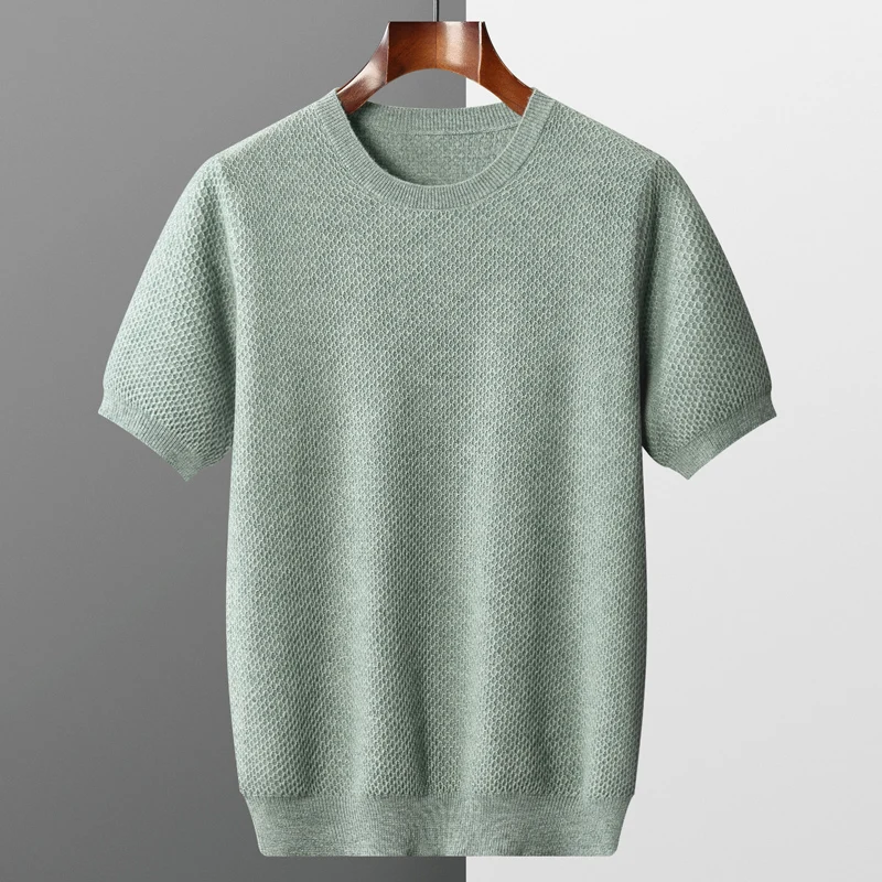 Jersey de lana pura para hombre, jersey de manga corta con cuello redondo, parte inferior de Cachemira, nuevo estilo, Camiseta de punto Simple a la