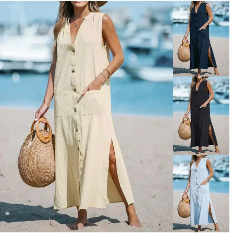

2025 Casual Vintage Sleeveless Long Dress Summer Women Solid Color V Neck Fashion Loose Pocket Button Dresses Comfort Vestidos