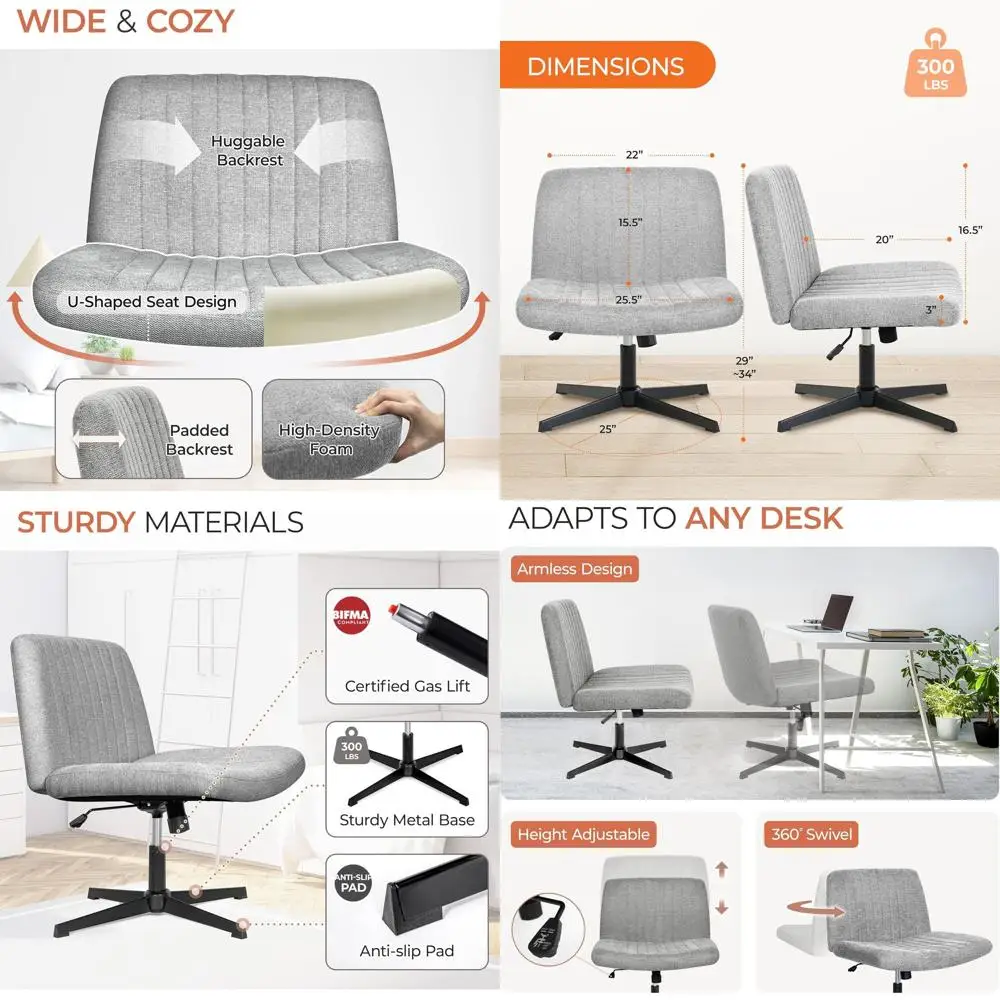 

Adjustable Swivel Office Chair with Wide Legs, Armless, Fabric, Comfortable for Home Desk Use (Gray)