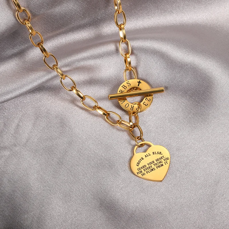 الفولاذ المقاوم للصدأ محفورة حروف القلب قلادة للنساء مطلية بالذهب OT سلسلة القلب قلادة الزفاف عيد الميلاد مجوهرات هدية