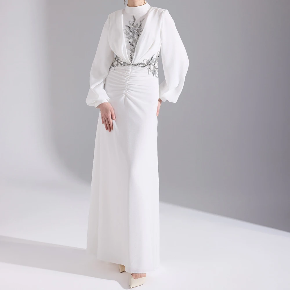 

Customized A-line Evening Dresses Ankle-length High-neck Full Sleeve Prom Gown Fashion Crystal Sequined Pleat Draped Party Gown