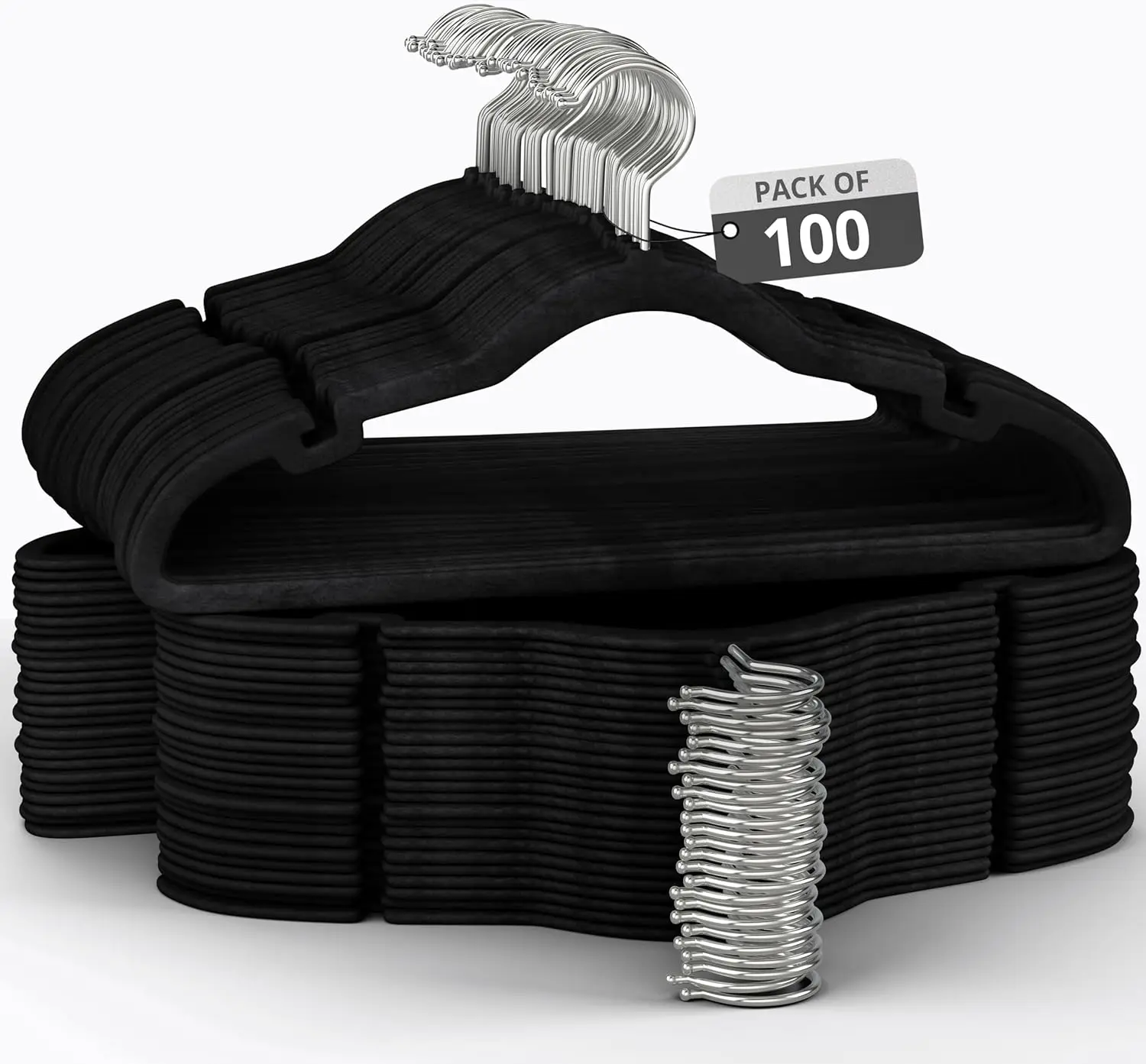 

100 Velvet Hangers: Shirts, pants, dresses. Slim, space-saving. Sturdy, durable with shoulder grooves. Black.