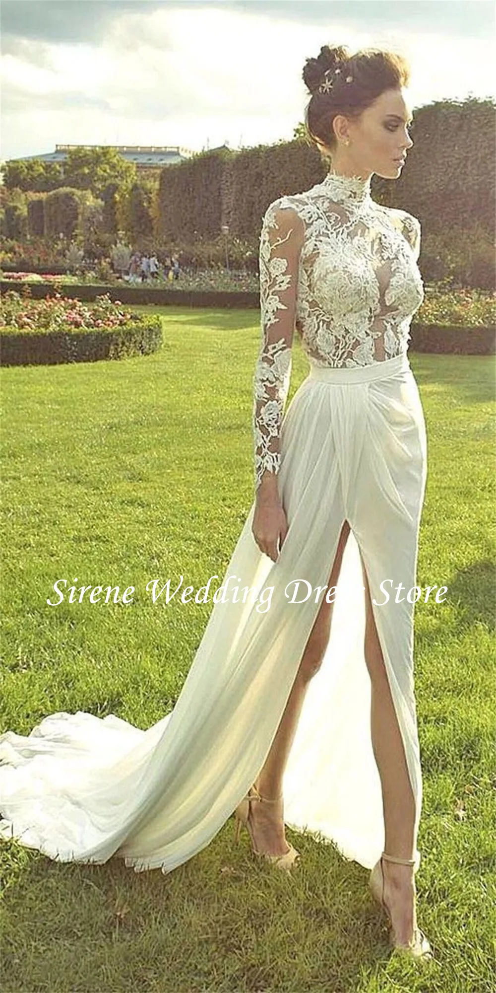 Sirene Elegant Long Sleeves Wedding Dress For Women O Neck Lace Appliques High Split Bride Gown A Line Simple Sweep Train