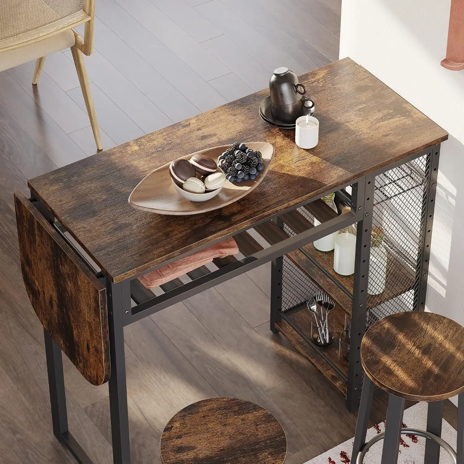 Expandable Bar Table And Chair Set, 2 Bar Stools, Rustic Brown, Customized